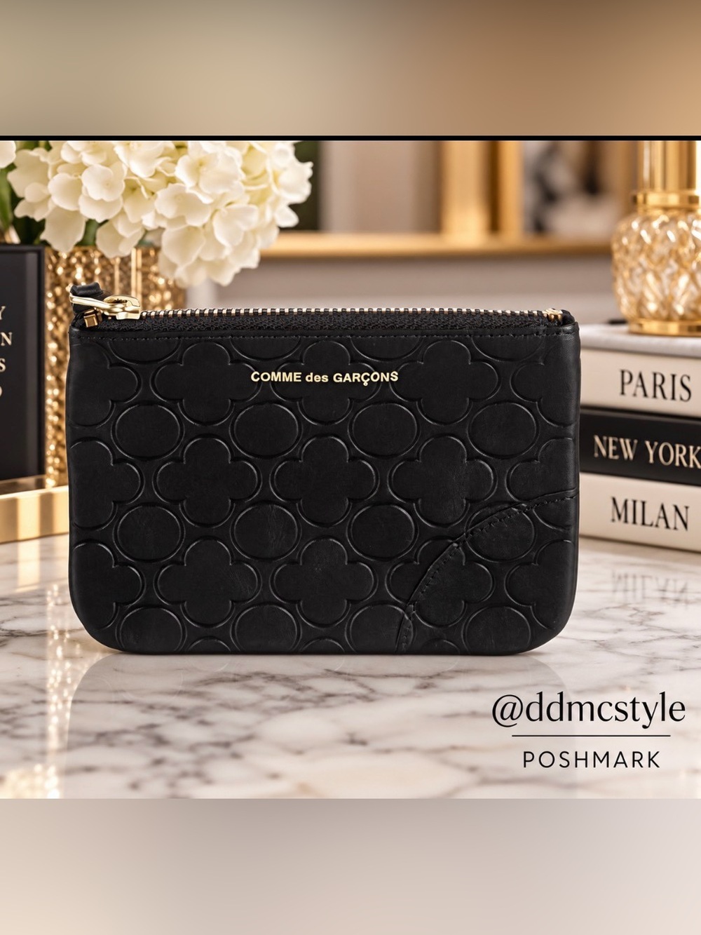 Comme des Garçons Black Leather Pouch with Gold Logo